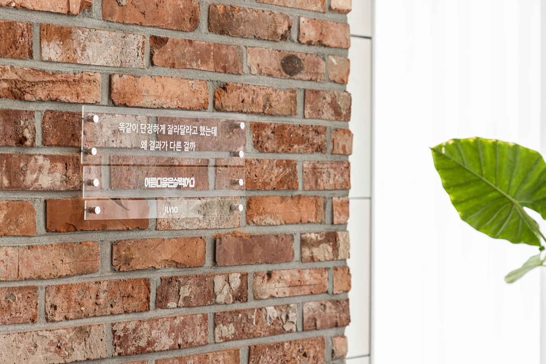 Clear acrylic sign mounted on a red brick wall